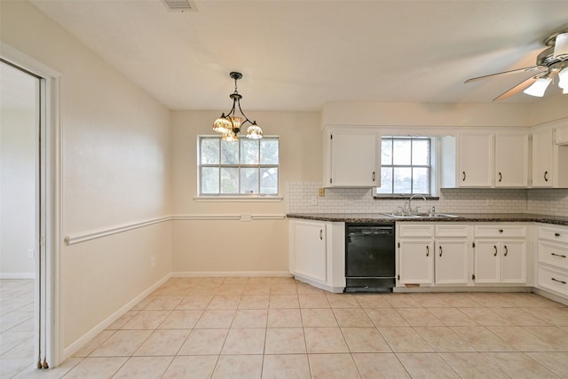 kitchen featuring black dishwasher, a sink, white cabinetry, and decorative backsplash