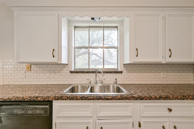 kitchen featuring a sink, decorative backsplash, white cabinets, and dishwasher