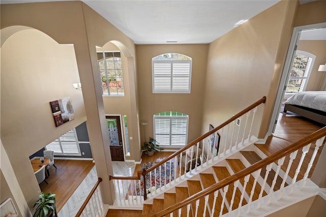entryway with a towering ceiling and wood finished floors