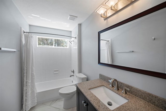 full bathroom with visible vents, toilet, marble finish floor, shower / bathtub combination with curtain, and vanity