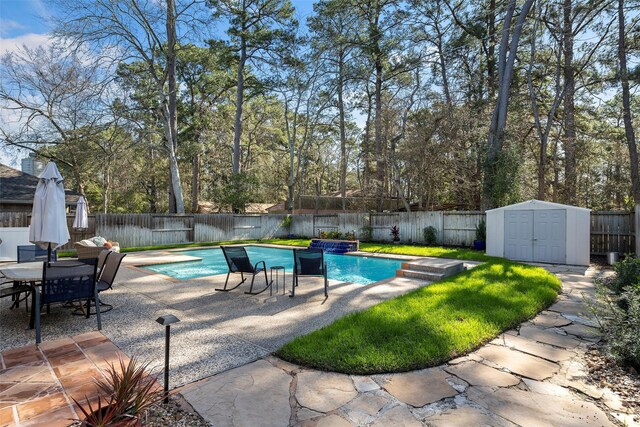 view of pool featuring a patio area, a fenced backyard, a storage unit, and an outdoor structure