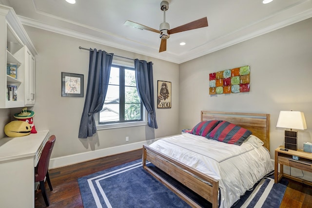 bedroom with baseboards, recessed lighting, dark wood-style flooring, ceiling fan, and ornamental molding