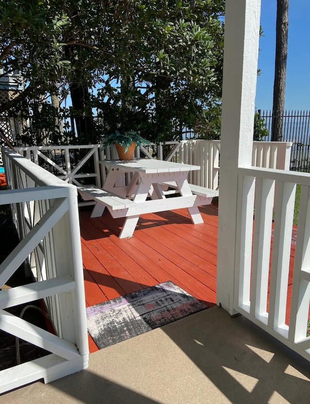 wooden terrace featuring fence