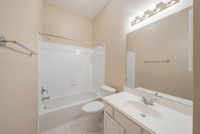 full bath featuring a textured ceiling, shower / bathtub combination, toilet, vanity, and tile patterned floors