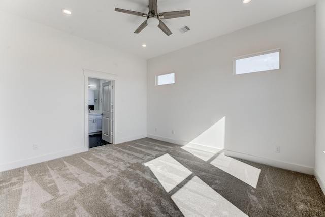 unfurnished room featuring recessed lighting, baseboards, visible vents, and carpet flooring