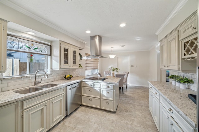 kitchen featuring island range hood, a peninsula, a sink, stainless steel dishwasher, and crown molding