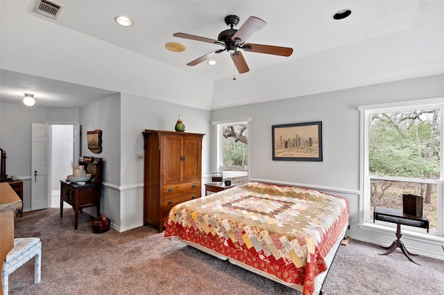 bedroom with ceiling fan, recessed lighting, carpet flooring, visible vents, and baseboards