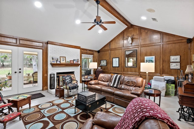 living area featuring french doors, a fireplace, vaulted ceiling with beams, visible vents, and wooden walls