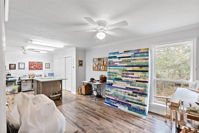 home office with ceiling fan, ornamental molding, wood finished floors, and a healthy amount of sunlight