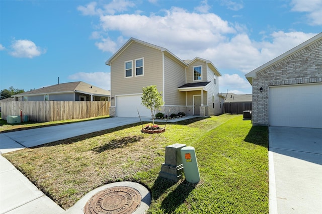 traditional-style house with central air condition unit, an attached garage, a front yard, fence, and driveway