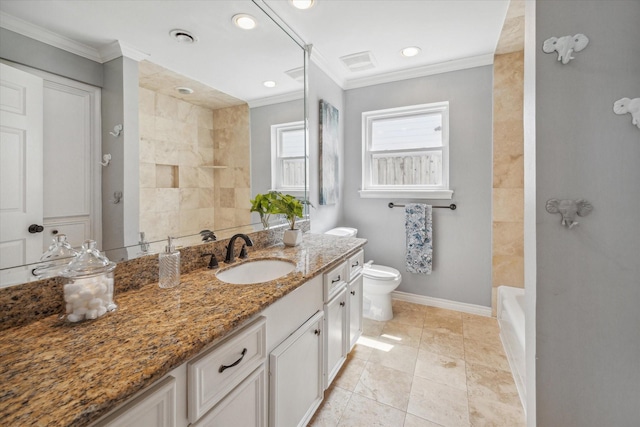 full bathroom with baseboards, toilet, walk in shower, crown molding, and vanity