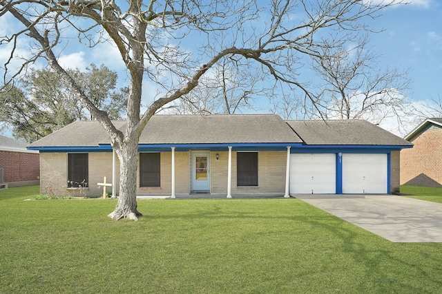 single story home with an attached garage, brick siding, driveway, roof with shingles, and a front lawn