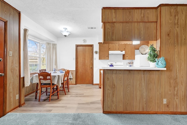 kitchen with a textured ceiling, under cabinet range hood, visible vents, freestanding refrigerator, and range