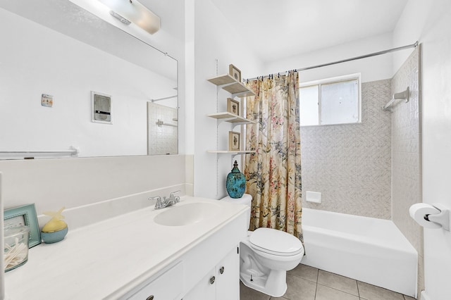 bathroom featuring tile patterned flooring, shower / tub combo, toilet, and vanity