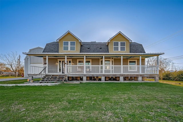 view of front of house with covered porch, roof with shingles, and a front lawn