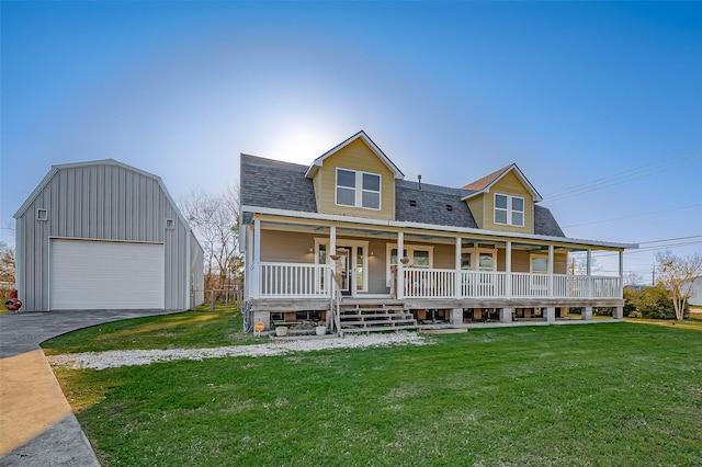 view of front of house with a porch, a garage, roof with shingles, and a front lawn