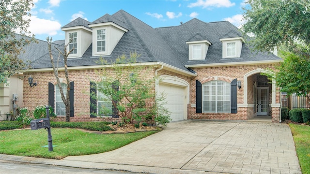 french country home with decorative driveway, brick siding, a shingled roof, an attached garage, and a front lawn