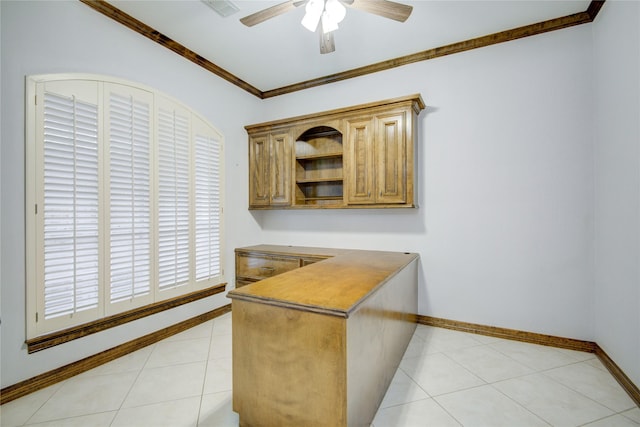 interior space with ceiling fan, light tile patterned floors, visible vents, baseboards, and ornamental molding