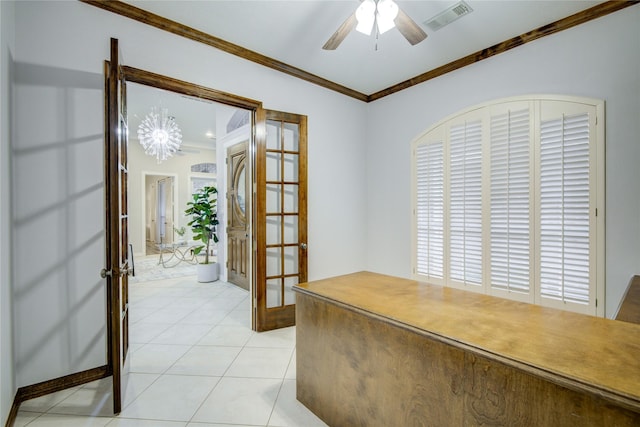 office area with french doors, crown molding, visible vents, light tile patterned flooring, and ceiling fan