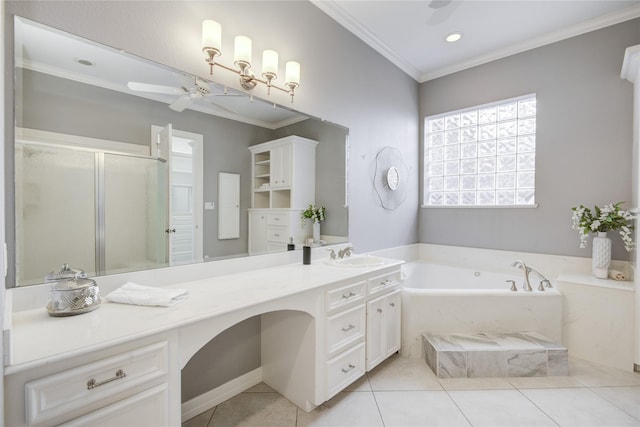 full bathroom featuring a garden tub, crown molding, a stall shower, ceiling fan, and vanity