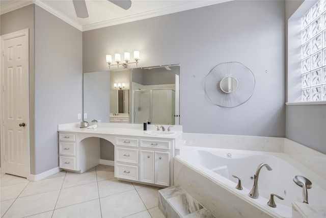 bathroom featuring a stall shower, ornamental molding, tile patterned floors, a whirlpool tub, and vanity