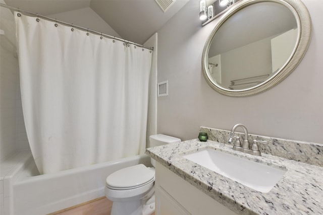 full bathroom featuring lofted ceiling, toilet, shower / bathtub combination with curtain, and visible vents