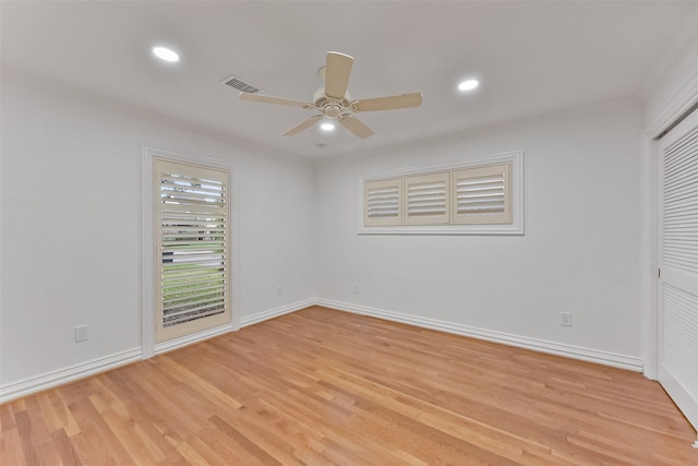 unfurnished bedroom featuring visible vents, recessed lighting, baseboards, and light wood-style floors