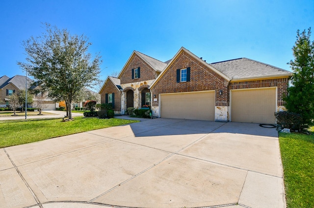 view of front of home with an attached garage, stone siding, concrete driveway, and brick siding