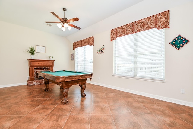 recreation room with billiards, a ceiling fan, visible vents, vaulted ceiling, and baseboards