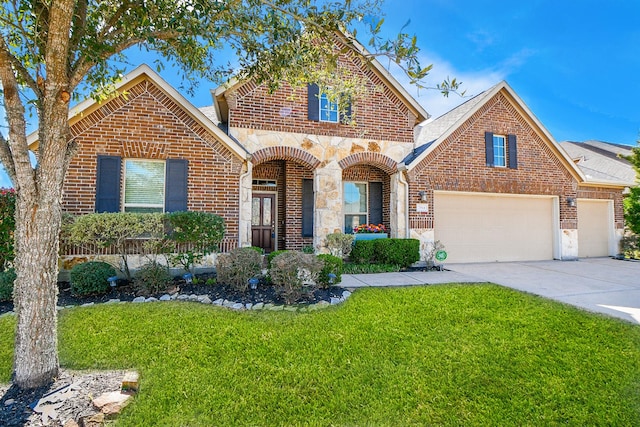 view of front of home featuring driveway, brick siding, a front lawn, and an attached garage