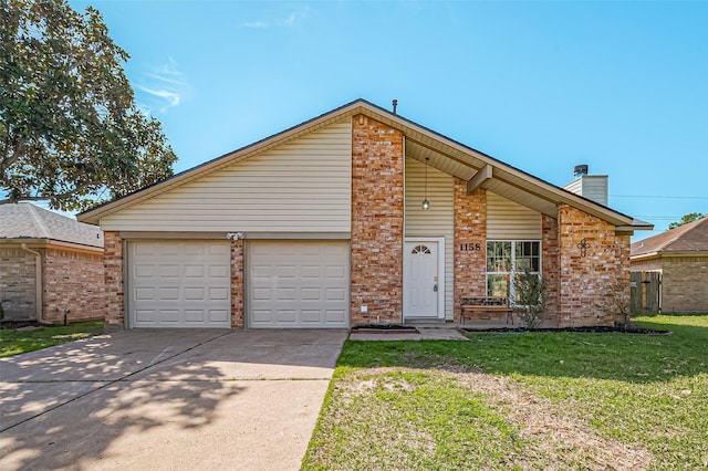 mid-century modern home with concrete driveway, a front lawn, a chimney, and an attached garage