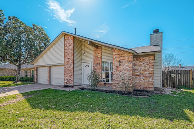 mid-century home featuring a garage, brick siding, fence, a front lawn, and a chimney