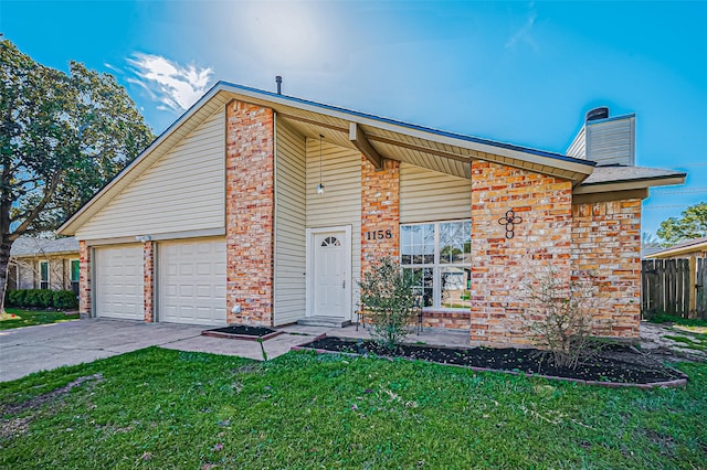 mid-century inspired home featuring brick siding, a chimney, a front yard, and fence