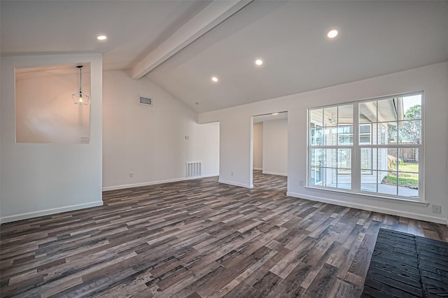 unfurnished living room featuring dark wood-type flooring, visible vents, vaulted ceiling with beams, and baseboards