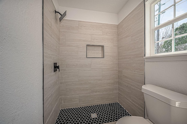 bathroom featuring toilet, a stall shower, and a textured wall