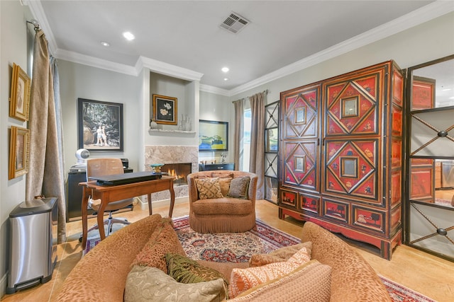 living area with a warm lit fireplace, recessed lighting, visible vents, and ornamental molding