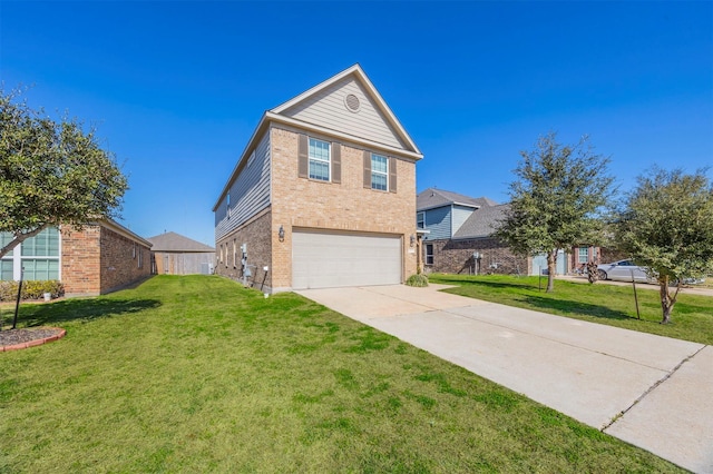 view of front of home featuring driveway, an attached garage, a front lawn, and brick siding