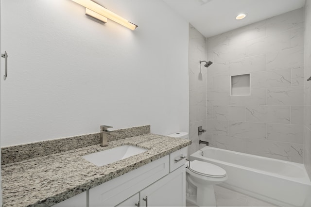 full bath with recessed lighting, toilet, marble finish floor, vanity, and shower / washtub combination