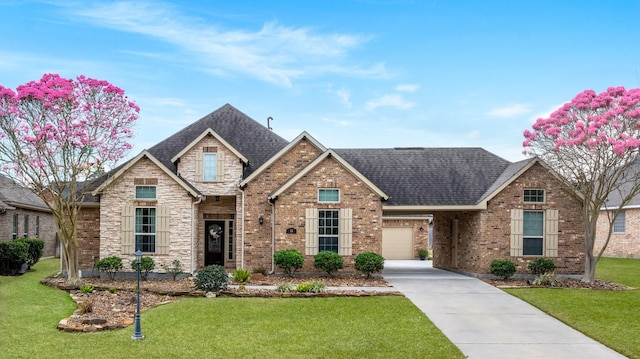 craftsman-style home featuring stone siding, a shingled roof, a front lawn, and brick siding