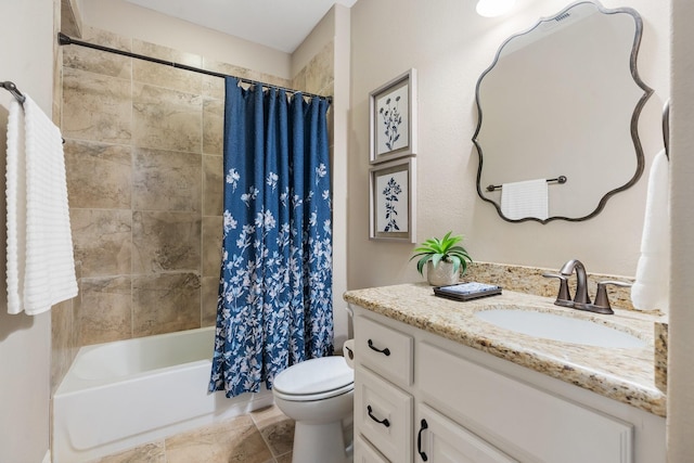 full bath featuring shower / bath combination with curtain, vanity, and toilet