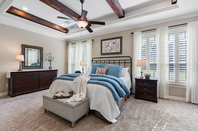 carpeted bedroom featuring crown molding, a raised ceiling, beamed ceiling, and baseboards