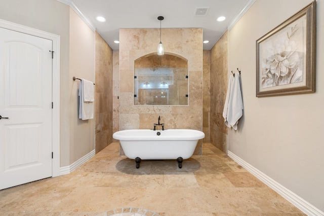 bathroom with recessed lighting, tile walls, baseboards, and walk in shower