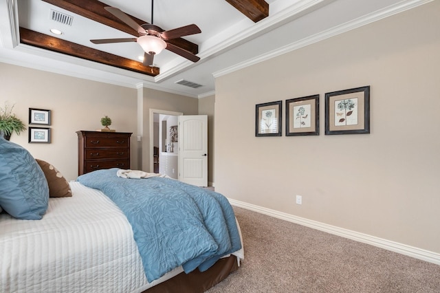 bedroom featuring baseboards, visible vents, a tray ceiling, and carpet flooring