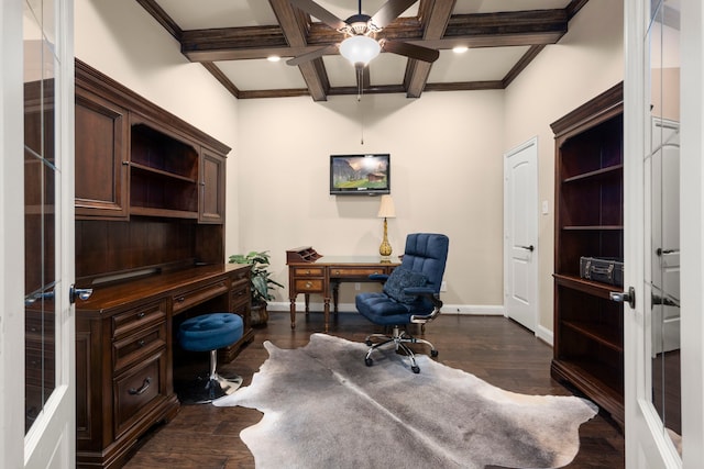 home office featuring dark wood-style floors, ornamental molding, coffered ceiling, beamed ceiling, and baseboards