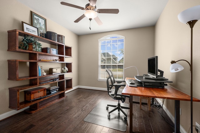 office area featuring ceiling fan, baseboards, and wood finished floors