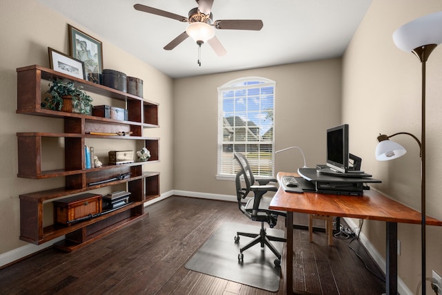 18419 Harlow Dr, Tomball, TX 77377 - office featuring baseboards, wood finished floors, and a ceiling fan