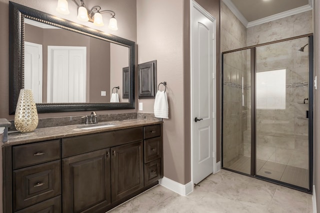 18419 Harlow Dr, Tomball, TX 77377 - bathroom with ornamental molding, vanity, a shower stall, baseboards, and tile patterned flooring