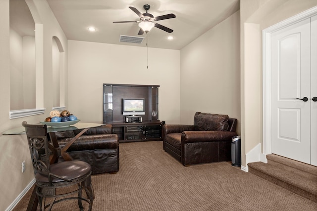 living area with carpet, recessed lighting, visible vents, a ceiling fan, and baseboards