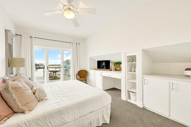 carpeted bedroom featuring a ceiling fan and access to exterior