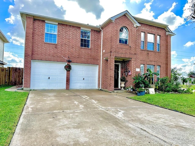 view of front of property with an attached garage, fence, a front lawn, and brick siding